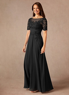 Azazie Raissa Vestidos para mãe da noiva Vestir Preto de Chiffon de Linha A com Renda image3