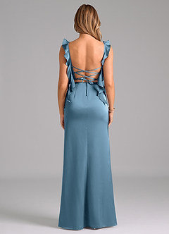 Azazie Jessamine Bridesmaid Dresses Steel Blue A-Line Corset Stretch Satin Dress image6