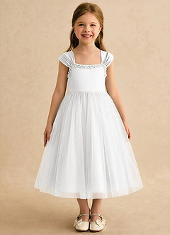 Azazie Yosemite Abiti da Ragazza di Fiori Abito Principessa in Tulle Scollo a Cuore Bianco image3