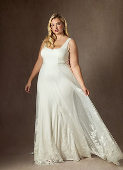 Azazie Ebony Abiti da Sposa Abito A-Line in Raso con Retro in Crepe Lustrini Crema image10