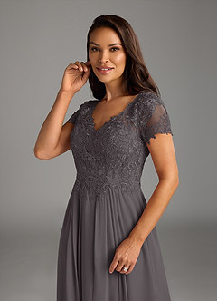 Azazie Dunja vestidos de madre de la novia Vestido de Gris Acero de Gasa de Corte En A con Encaje cuello pico image6