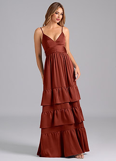 Azazie Nathalia Bridesmaid Dresses Terracotta A-Line Pleated Stretch Satin Dress image1