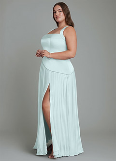 Azazie Stephanie Vestidos de damas de honor Vestido Vidrio Marino de Satén Elástico de Línea A con Plisado image10