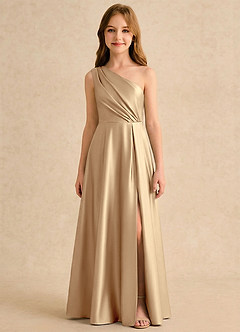 Azazie Puddles Girls Formal Robe Demoiselle D'honneur Fillette Robe Trapèze en Satin extensible Une épaule Champagne image6