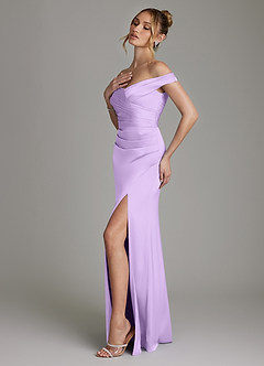 Azazie Teyana Bridesmaid Dresses Lilac Sheath Off the Shoulder Stretch Satin Dress image6