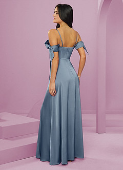 Barbie ♥ Azazie Bridesmaid Dresses Dusty Blue A-Line Off the Shoulder Stretch Satin Dress image2
