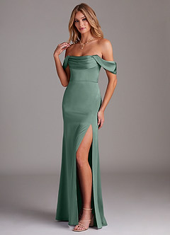 Azazie Saige Bridesmaid Dresses Eucalyptus Sheath Off the Shoulder Stretch Satin Dress image5