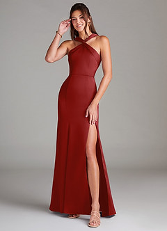 Azazie Rue Bridesmaid Dresses Pomegranate A-Line Pleated Stretch Satin Dress image1