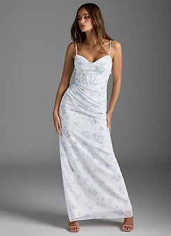 Azazie Mai Bridesmaid Dresses Blue Vintage Floral Sheath Pleated Chiffon Dress image3
