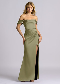 Azazie Auden Bridesmaid Dresses Pistachio Sheath Off the Shoulder Stretch Satin Convertible Dress image7