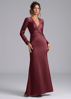 Azazie Tria Final Sale Merlot Mermaid Long Sleeve Stretch Satin Dress image1