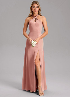 Azazie Tracie Bridesmaid Dresses Rosette A-Line Side Slit Stretch Satin Dress image1