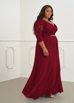 Azazie Hayek Mother of the Bride Dresses Burgundy A-Line V-Neck Lace Chiffon Dress image8