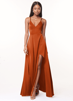 Azazie Maksim Vestidos de damas de honor Vestido de Naranja Quemada de Satén Elástico de Corte en A con Cuello en V image1