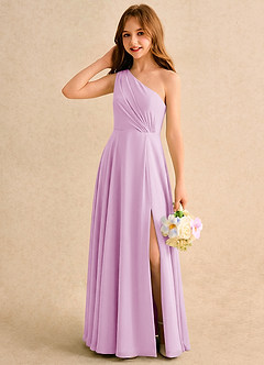 Azazie Puddles Girls Formal Robe Demoiselle D'honneur Fillette Robe Trapèze en Mousseline de soie Une épaule Rose Bonbon image3