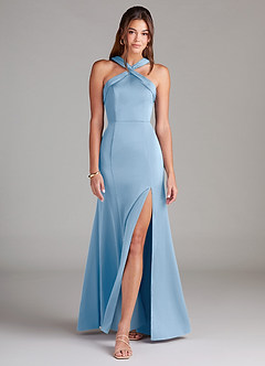 Azazie Rue Vestidos de damas de honor Vestido de Azul Pálido de Satén Elástico de Corte Sirena con Plisado image3