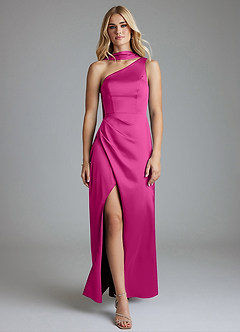 Azazie Adhara Final Sale Fuchsia Sheath One Shoulder Stretch Satin Dress image5