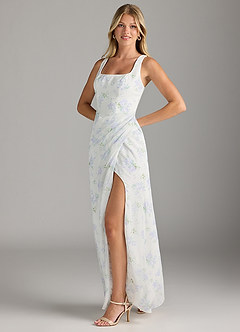 Azazie Mero Bridesmaid Dresses Blue Vintage Floral Sheath Pleated Chiffon Dress image4