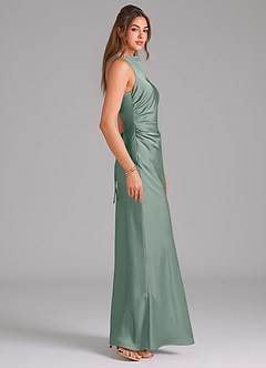 Azazie Evadne Bridesmaid Dresses Silver Sage Sheath Pleated Stretch Satin Dress image4