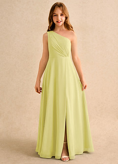 Azazie Puddles Girls Formal vestidos de niña de las flores Vestido de Sorbete De Limón de Gasa de Corte en A con Hombro unilateral image6