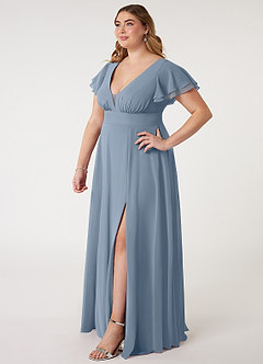 Azazie Ashika Final Sale Dusty Blue A-Line V-neck Ruched Chiffon Dress image9