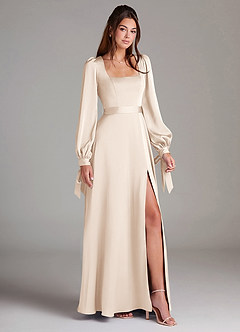 Azazie Leonia Bridesmaid Dresses White Alabaster A-Line Long Sleeve Stretch Satin Dress image3
