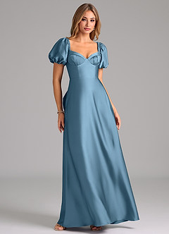 Azazie Fatima Robes de demoiselle d'honneur Robe Trapèze en Satin extensible Plissée Acier Bleuté image1