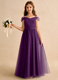 Azazie Yuna Girls Formal Abiti da Ragazza di Fiori Abito A-Line in Tulle Spalle Scoperte Uva image3