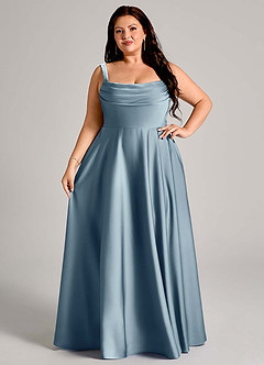 Azazie Shaude Bridesmaid Dresses Dusty Blue A-Line Pleated Stretch Satin Dress image12