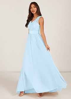 Azazie Gertrude Abiti da Damigella Abito A-Line in Chiffon Pizzo Azzurro image3