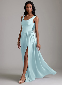 Azazie Novi Vestidos de madrinha de casamento Vestido Nuvem Azul de Cetim elástico de Linha A com com bolsos image6