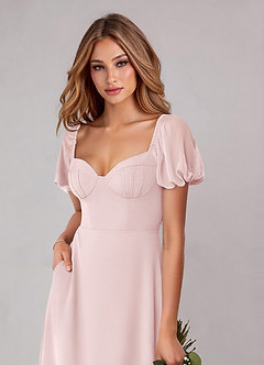 Azazie Fatima Vestidos de damas de honor Vestido de Rosa Rubor de Gasa de Corte en A con Con bolsillos image6