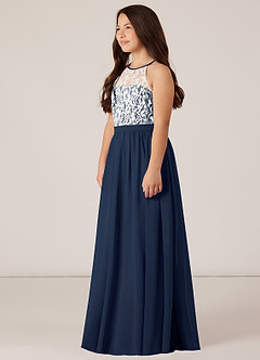 Azazie Fahari Junior A-Linie Spitze Chiffon Kleid Dunkelmarine image3