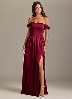 Azazie Calianna Bridesmaid Dresses Burgundy A-Line Off the Shoulder Stretch Satin Convertible Dress image1