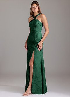 Azazie Rue Bridesmaid Dresses Dark Green A-Line Pleated Floral Burnout Dress image3
