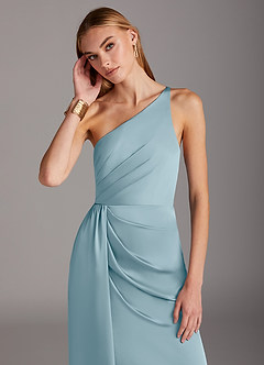 Azazie Mika Bridesmaid Dresses Moody Blue Sheath One Shoulder Stretch Satin Dress image6