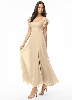 Azazie Bondi Brautjungfernkleider A-Linie Gestreift Chiffon Kleid Champagner image3