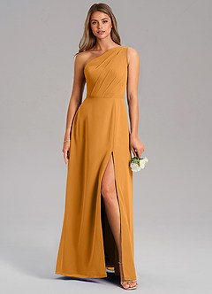 Azazie Phaedra Bridesmaid Dresses Butterscotch A-Line One Shoulder Chiffon Dress image1