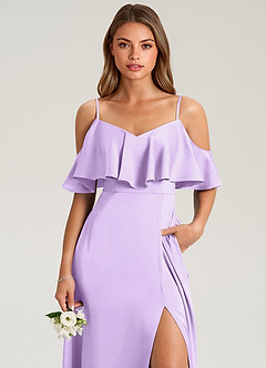 Azazie Jean Bridesmaid Dresses Lilac A-Line Off the Shoulder Stretch Satin Dress image6