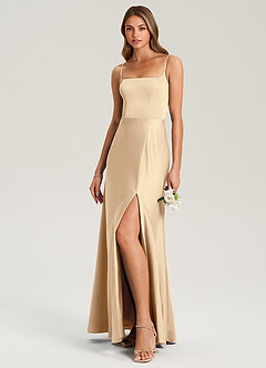 Azazie Lidia Bridesmaid Dresses Champagne Mermaid Side Slit Stretch Satin Dress image3