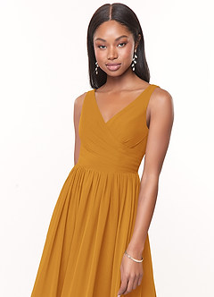 Azazie Keyla Bridesmaid Dresses Butterscotch A-Line V-Neck Pleated Chiffon Dress image5