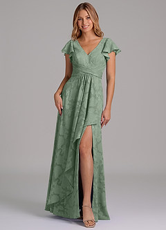 Azazie Omari Jurken voor bruidsmeisjes Jurk van Bloemen Burn-out met A-Lijn Geplooid Matcha image5