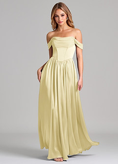 Azazie Raisa Jurken voor bruidsmeisjes Jurk van Stretch Satijn met A-Lijn Off the Shoulder Citroensorbet image3