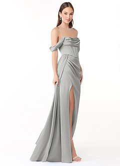Azazie Amyra Robes de demoiselle d'honneur Robe Fourreau Convertible en Satin extensible Épaule décolletée Argent image6