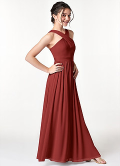 Azazie Jiya Junior Rust A-Line Pleated Mesh Dress image3