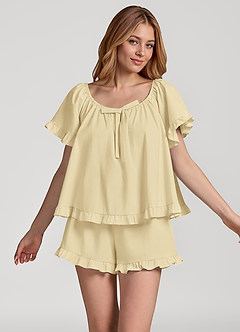 front Kurzarm-Baumwollpyjama-Set mit Rüschen und Schleife