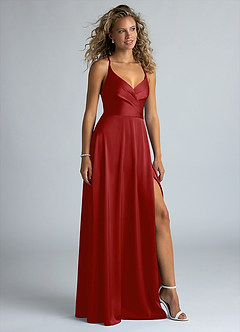 Azazie Davis Bridesmaid Dresses Pomegranate A-Line Pleated Stretch Satin Dress image5