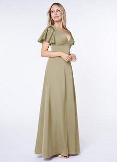 Azazie Lani Bridesmaid Dresses Moss Green A-Line Flounce Sleeve Stretch Satin Dress image4