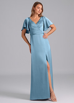 Azazie Ambrosia Jurken voor bruidsmeisjes Jurk van Stretch Satijn met A-Lijn Geplooid Staal Blauw image4