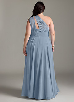 Azazie Charlize Vestidos de madrinha de casamento Vestir Azul Empoeirado de Chiffon de Linha A com Um ombro image8